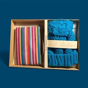 Bandolino Multicolor Striped Wristlet and Blue Knit Beanie Set